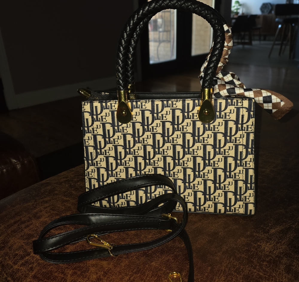 Beige and Black Logo Satchel with Braided Top Handles